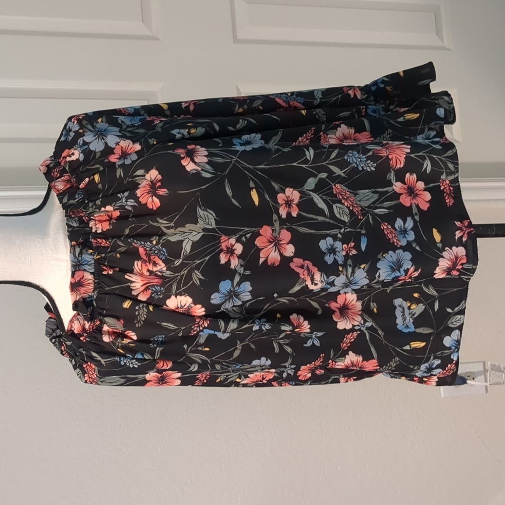 Boho printed top, bell sleeves,  black background with pink and blue flower